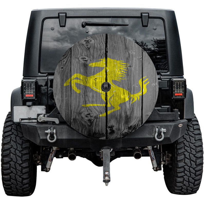 Ferrari Horse Logo Dark Wood Wallpaper Tire Cover