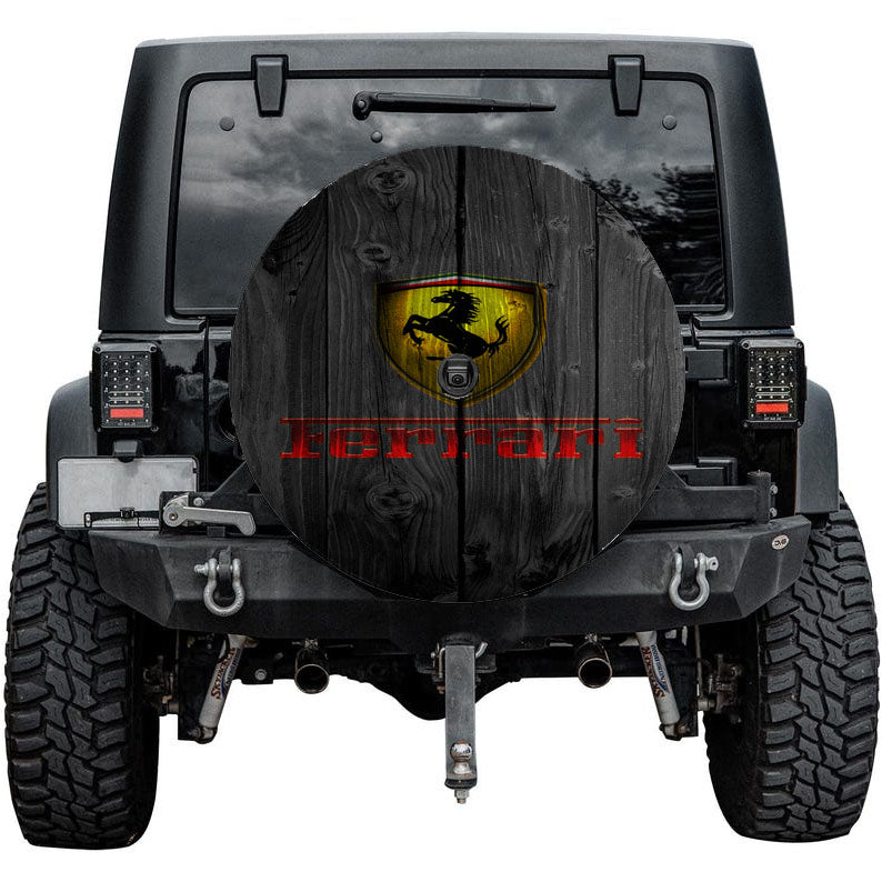 Ferrari Luxury Car Logo Dark Wood Tire Cover