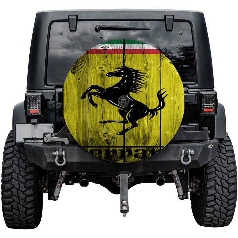 Full Ferrari Logo Dark Wood Wallpaper Tire Cover