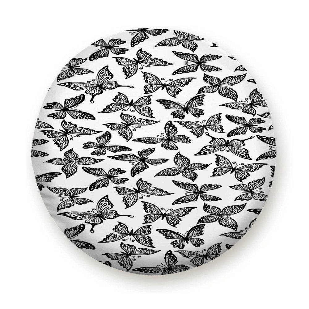 Black White Vintage Flying Butterflies Pattern Tire Cover