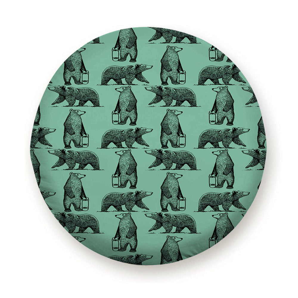 Green Jungle And Black Skate Bear Illustrations Pattern Tire Cover