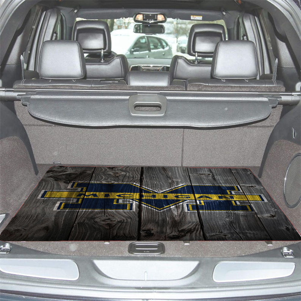 Michigan Wolverines University Logo Dark Wood Wallpaper Car Trunk Mat Non Slip