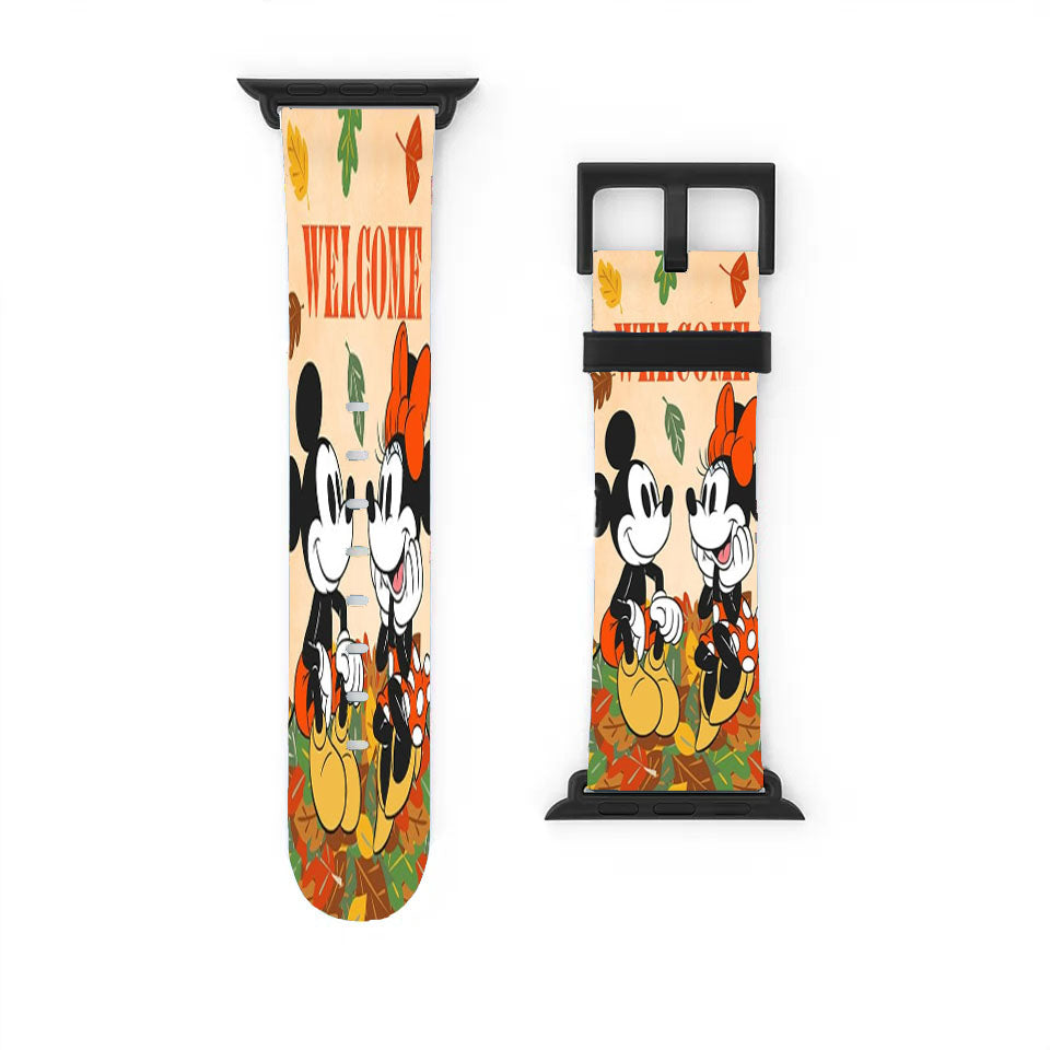 Welcome Fall Leaf Pile Mickey And Minnie Apple Watch Band 38Mm - 44Mm